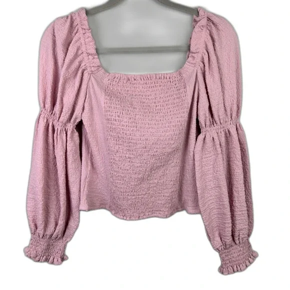 ASTR the Label Lilac Pink Puff Long Sleeve Ruched Bust Top Smocked Blouse sz M - Picture 7 of 13